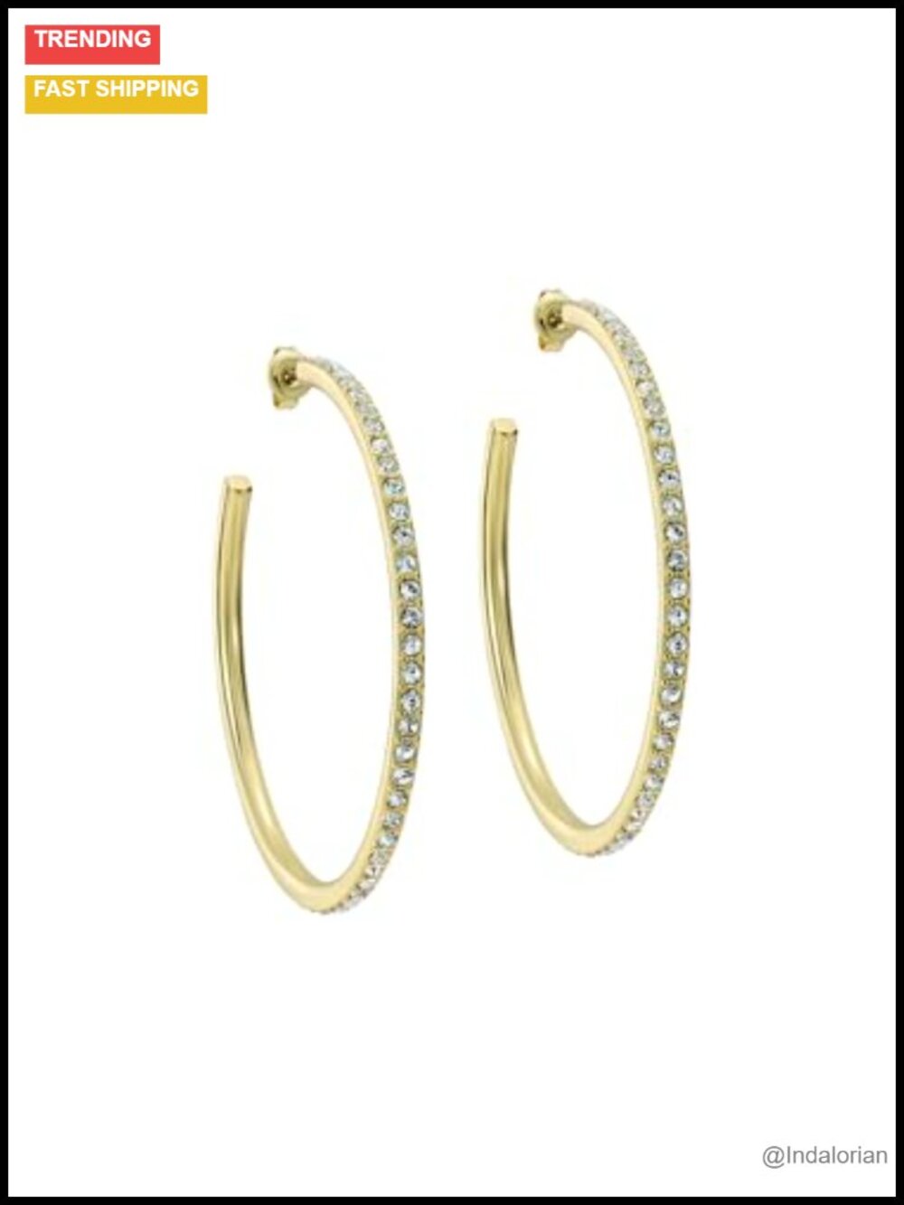 Large Crystal Hoop Earrings Gold-Tone Plated Brass Hinged Hoop